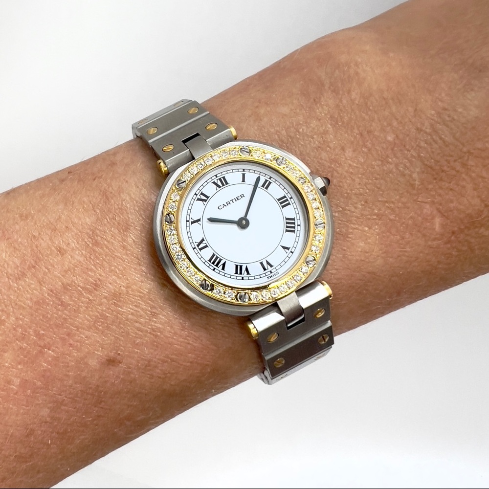 CARTIER SANTOS Ronde 27mm 2 Tone 0.40TCW DIAMOND Watch White Dial - Picture 3 of 8